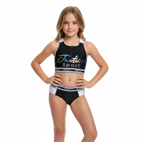 Justice S 7/8 Girls Activewear Set Black Rainbow Zip Front Athleisure - Picture 1 of 5
